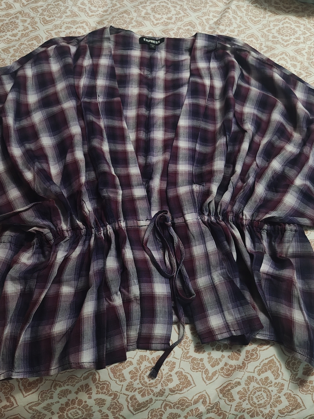 Express Women’s Plum Plaid Drawstring Peplum Top